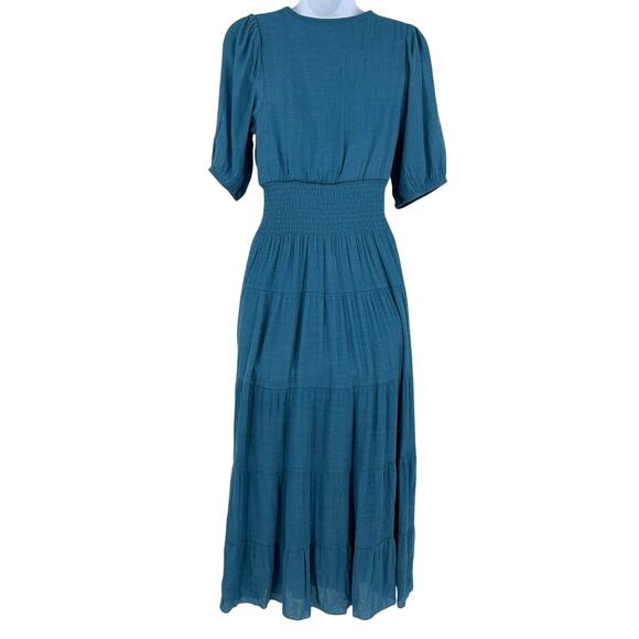 J.Gee Teal Smock Milkmaid Midi Dress Sz S Boho Cottagecore Puff Sleeve Romantic - Picture 7 of 12